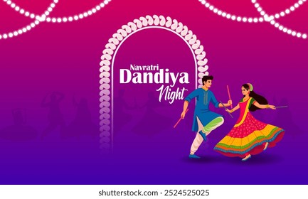 Couple performing dandiya and dancing garba sale and promotion advertisement background in vector