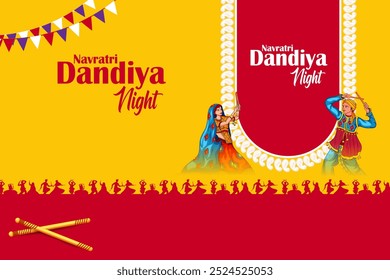 Couple performing dandiya and dancing garba sale and promotion advertisement background in vector