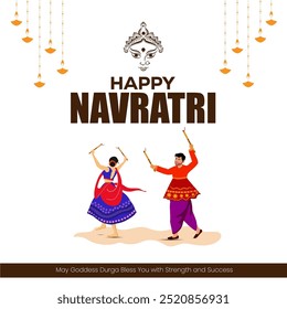 the couple performing Dandiya Raas and the festive elements like hanging diyas Happy Navratri and the prayer for Goddess Durga's blessings white background 