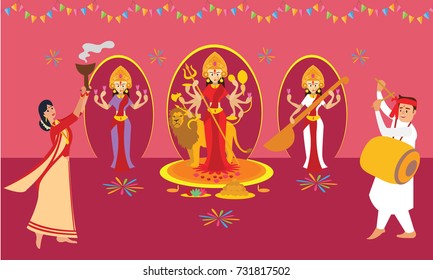 Couple performing Dhunuchi dance of Bengal for Durga Puja. Indian cultural festival celebration concept illustration vector.
