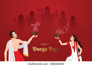 Pareja interpretando danza Dhunuchi en Durga Puja con maa durga en segundo plano