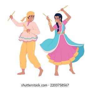 Couple Performing Indian Dance With Sticks Semi Flat Color Vector Characters. Editable Figures. Full Body People On White. Simple Cartoon Style Illustration For Web Graphic Design And Animation