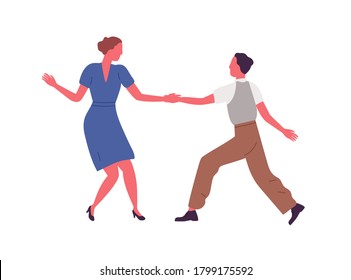 Couple performing Lindy hop or Swing dance elements holding hands vector flat illustration. Man and woman enjoying hobby or choreography activity together isolated. People dancing at party or school