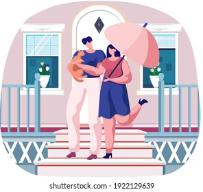 Couple pet owners holding ginger cat on hands going down steps. Happy people walking with kitten and umbrella outdoor. Man and woman are having leisure spend time with domestic animal cute kitty