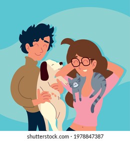 couple with pets dog and cat
