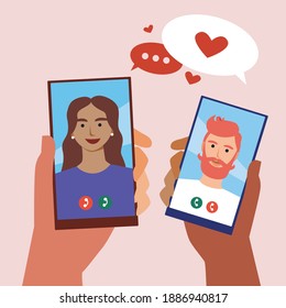 Couple with phones in hand, internet dating. Flat vector stock illustration. Man, woman in love. Internet romance. Concept for romantic sms, internet love, online dating. Phone for couple