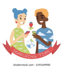 Couple with phones. Vector illustration of multicultural pair in flat cartoon style on white background. African boy and asian girl looking at each other with smartphones in their hands.