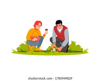 Couple pick mushrooms semi flat RGB color vector illustration. Autumn harvest in forest. Collect fresh crop in countryside. Female and male farmers isolated cartoon characters on white background