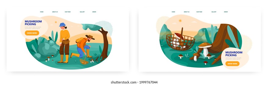 Couple picking mushrooms in forest, landing page design, website banner vector template. Outdoor autumn activity, hobby.