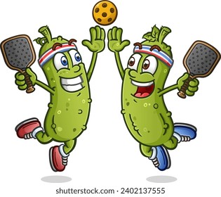 A couple pickle cartoon teammates jumping and giving an enthusiastic high five and holding rackets after winning the big pickleball match against some heated opponents