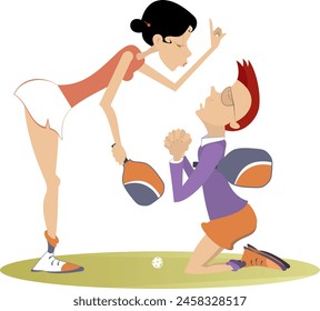 Couple pickleball players. Angry woman and upset kneeling man. 
Pickleball court. Angry woman scolds an upset man standing on the knees. Man begs forgiveness from his girlfriend 
