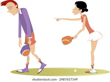 Couple pickleball players. Angry woman and upset man. Pickleball court. Angry woman points a finger and scolds an upset man 