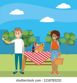 Couple and picnic cartoons