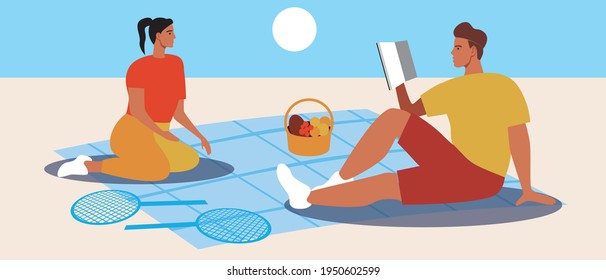 Couple picnic. Flat vector stock illustration. The couple are resting on the weekend. A man and a woman on a day off, a hobby together. Lunch and tennis on the beach. Vector graphics