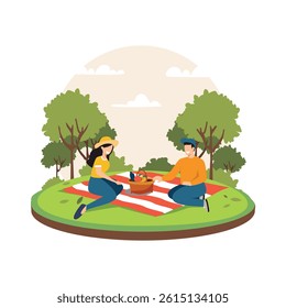 Couple Picnic in the Park – Flat Vector Illustration of Man and Woman Relaxing Outdoors on a Blanket with Nature Background and Picnic Basket