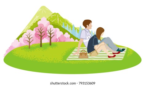 Couple picnic in spring nature -Clip art