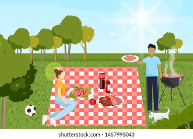 Couple at picnic Vector. Family playing, enjoying BBQ and leisure time. Flat style