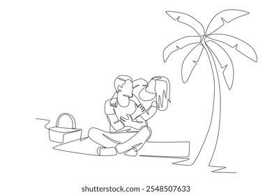 Couple picnicking beside a palm tree. Palm tree concept one-line drawing