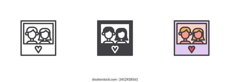 Couple picture with heart different style icon set. Line, glyph and filled outline colorful version, outline and filled vector sign. Symbol, logo illustration. Vector graphics