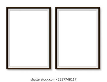 Modelación de marcos de fotos de dos imágenes, presentación de pared, marco vertical rectangular delgado negro con sombra, dos simulaciones de borde de marco vertical - vector de stock