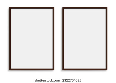 Couple picture photo frames mockup, wall presentation, black thin rectangular vertical frame with shadow, two vertical blank frame border mockup - vector