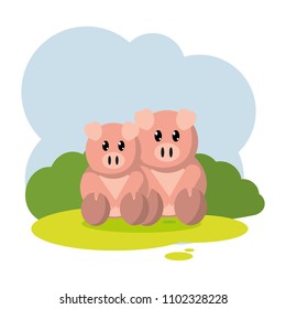 couple pig farm animal in the landscape
