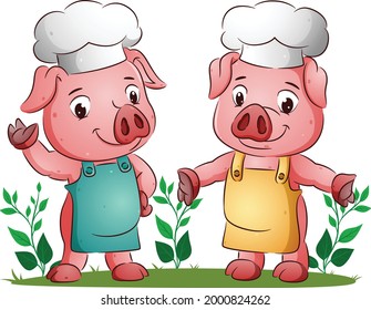 The couple of the pig is using the colorful apron with the chef hat of illustration