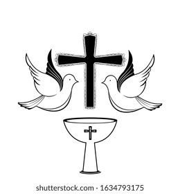 A couple of pigeons above the baptismal bowl. Design for christening ceremony.