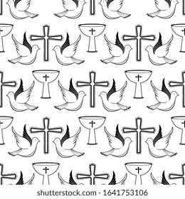 A couple of pigeons above the baptismal bowl. Seamless pattern for christening ceremony.