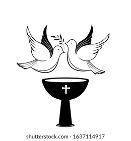 A couple of pigeons with a branch above the baptismal bowl. Design for christening ceremony.