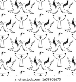 A couple of pigeons with a branch above the baptismal bowl. Background for christening ceremony.