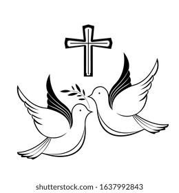 Couple of pigeons and a cross. Biblical symbols. Easter greeting card.