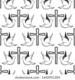 Couple of pigeons and a cross. Biblical symbols. Easter backgroun