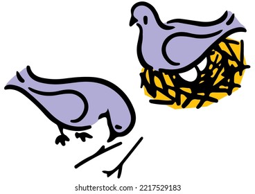A couple of pigeons guarding their eggs. Isometric view.