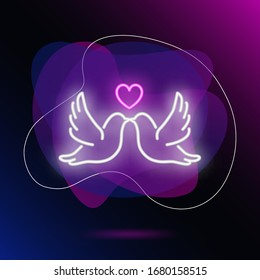 Couple of pigeons with pink heart neon sign. Love concept. Vector illustration in neon style for topics like wedding, dating, romance, Valentines day