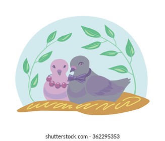 A couple of pigeons, sitting together in the nest. Stylized vector.