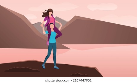 Couple piggyback ride on mountain top, Friendship day and valentines day concept vector illustration