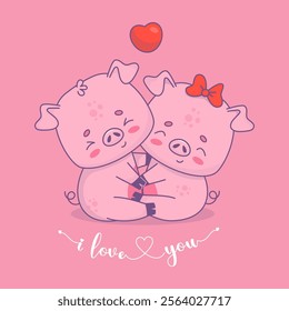 Couple of pigs in love. Two cute hugging piglets, boy and girl, with bow on pink background with confession I love you. Vector illustration. Romantic card with funny cartoon kawaii animal characters.