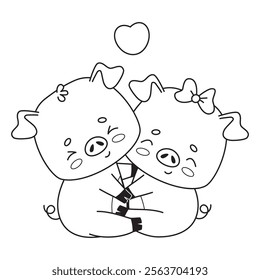 Couple pigs in love. Two hugging piglets, boy and girl. Cute outline animal cartoon character. Line drawing, coloring book. Vector illustration