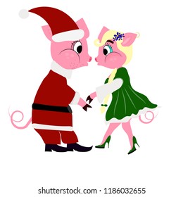 a couple of pigs, santa and fairy, santa suit, fairy suit, year of the pig, isolated on white: stock vector illustration