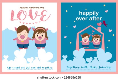 A couple of pigs,cute pig couple in love with hearts around ,boyfriend and girfriend, a family of pigs, They smile happily. Vector illustration