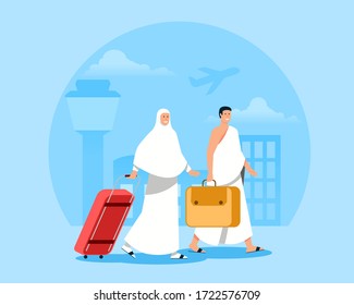 Couple of pilgrims at airport ready for pilgimage trip to Mecca.