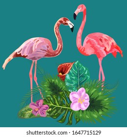 couple of pink flamingo birds Decorated with exotic forest jungle palm tree monstera green leaves
