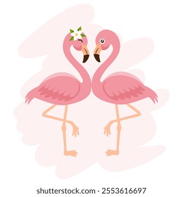 Couple  of pink flamingos. A pair of tropical and exotic birds.Vector Illustration