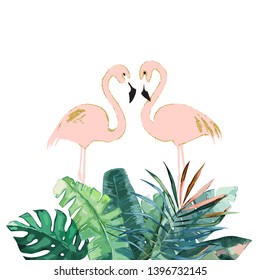 Couple pink flamingos. Print for invitation, birthday, celebration, greeting card. Vector illustration