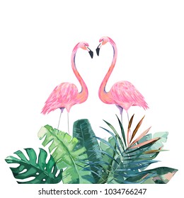 Couple pink flamingos. Tropical print for invitation, birthday, celebration, greeting card. Vector illustration