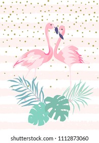 Couple pink flamingos. Tropical print for invitation, birthday, celebration, greeting card. Vector illustration