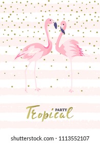 Couple pink flamingos. Tropical print for invitation, birthday, celebration, greeting card. Vector illustration