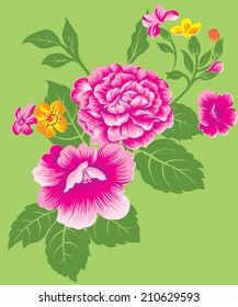 Couple pink flowers on green background.