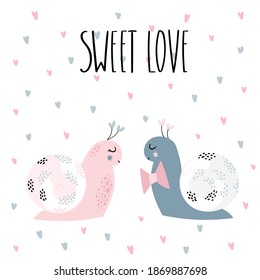 A couple of pink and gray snails in love. Cute vector illustration in Scandinavian style for Valentine's day